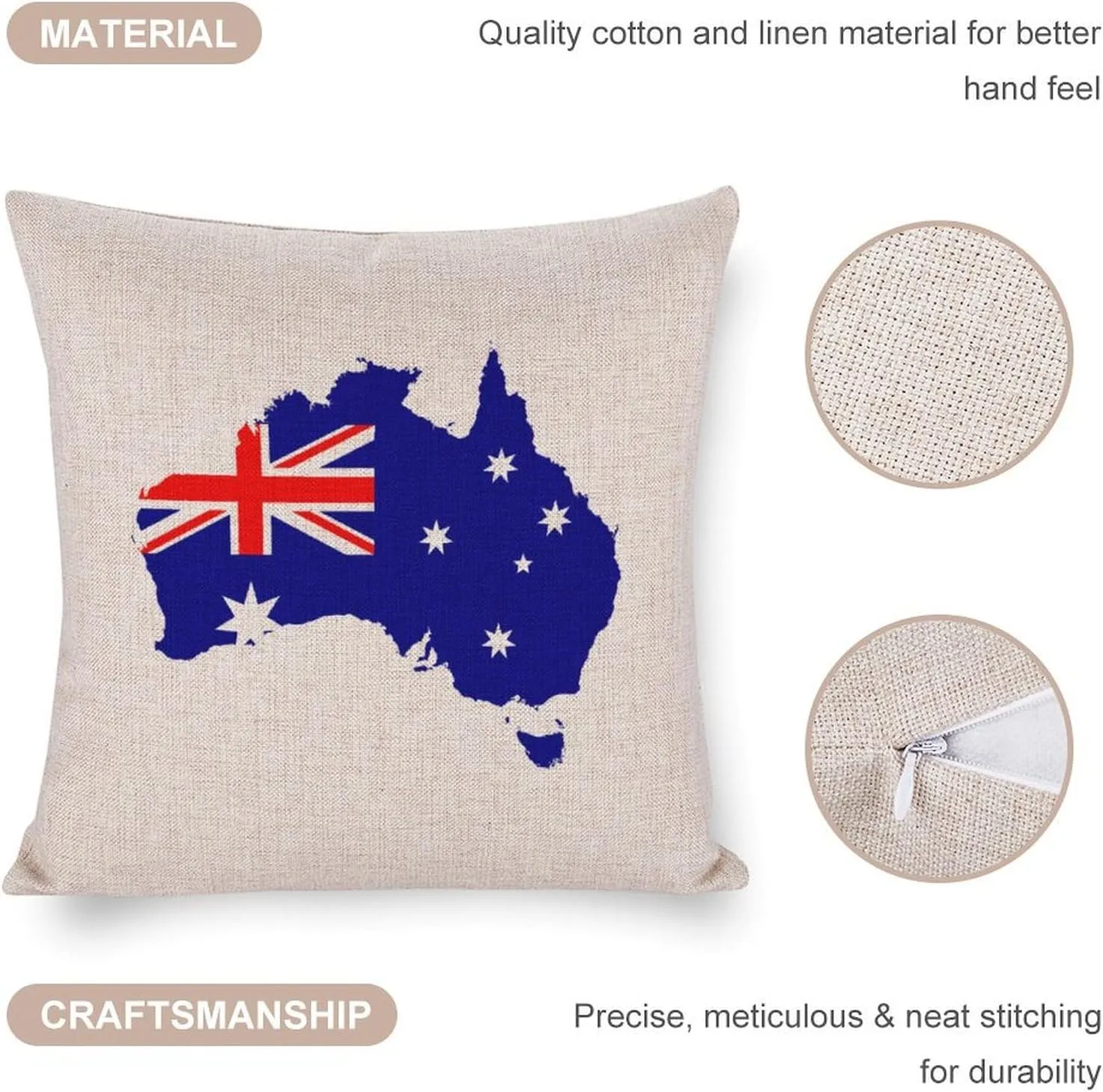 Australia Flag Map Cotton and Linen Pillow Case Pattern Print Pillow Cover Zippered Cushion Covers for Sofa Bed 16"x16"