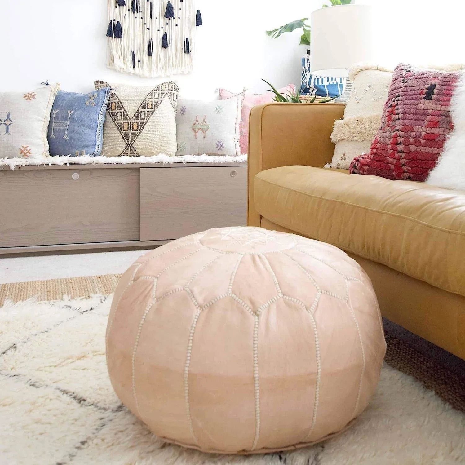 Authentic Moroccan Leather Pouf - Nude
