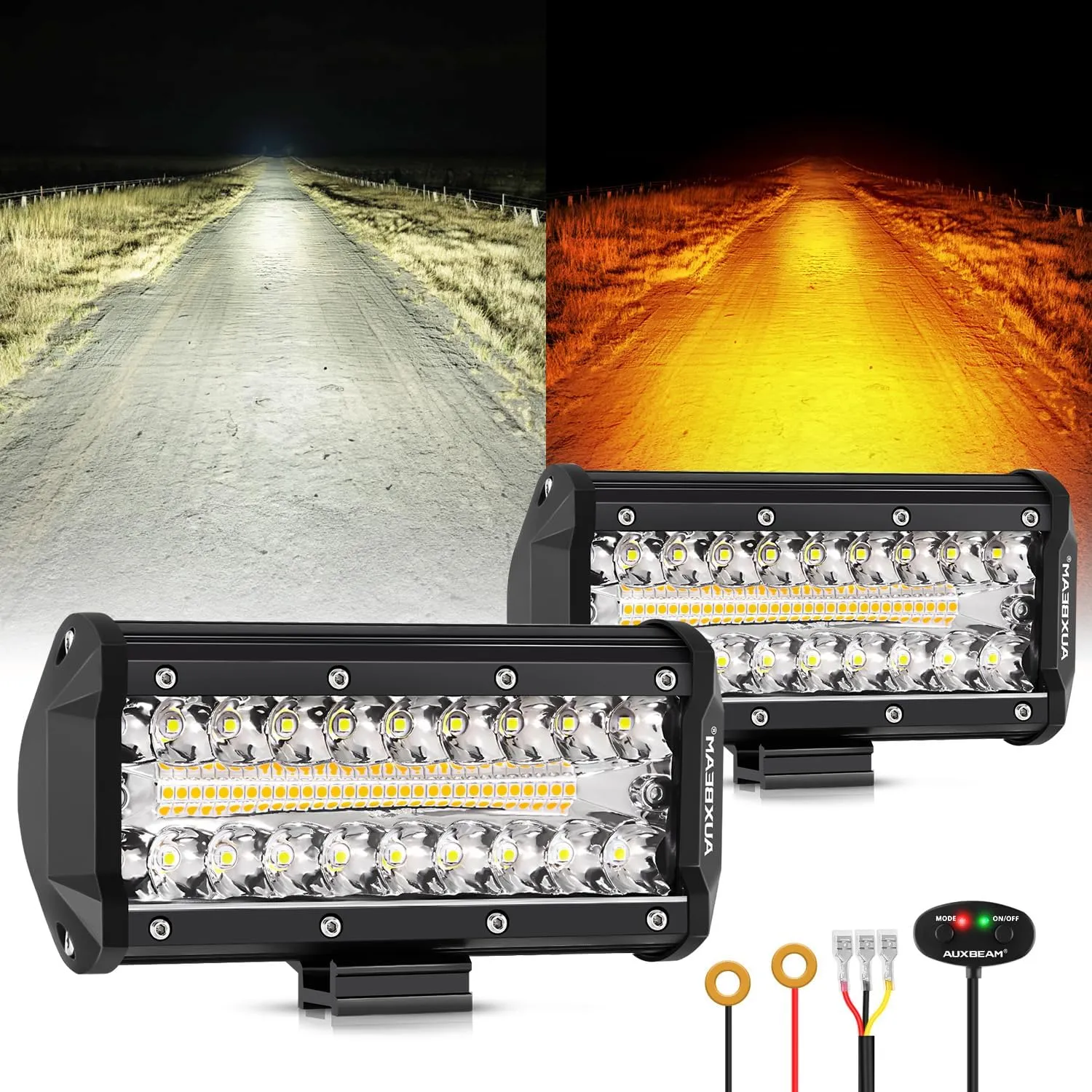 Auxbeam 6 Modes Amber White Series 7" 300W LED Light Bar, Flashing Strobe LED Pods Spot Flood Combo, Dual Color Amber Fog Lights for Jeep, Car, Motorcycle, ATV, UTV, SUV, Pair