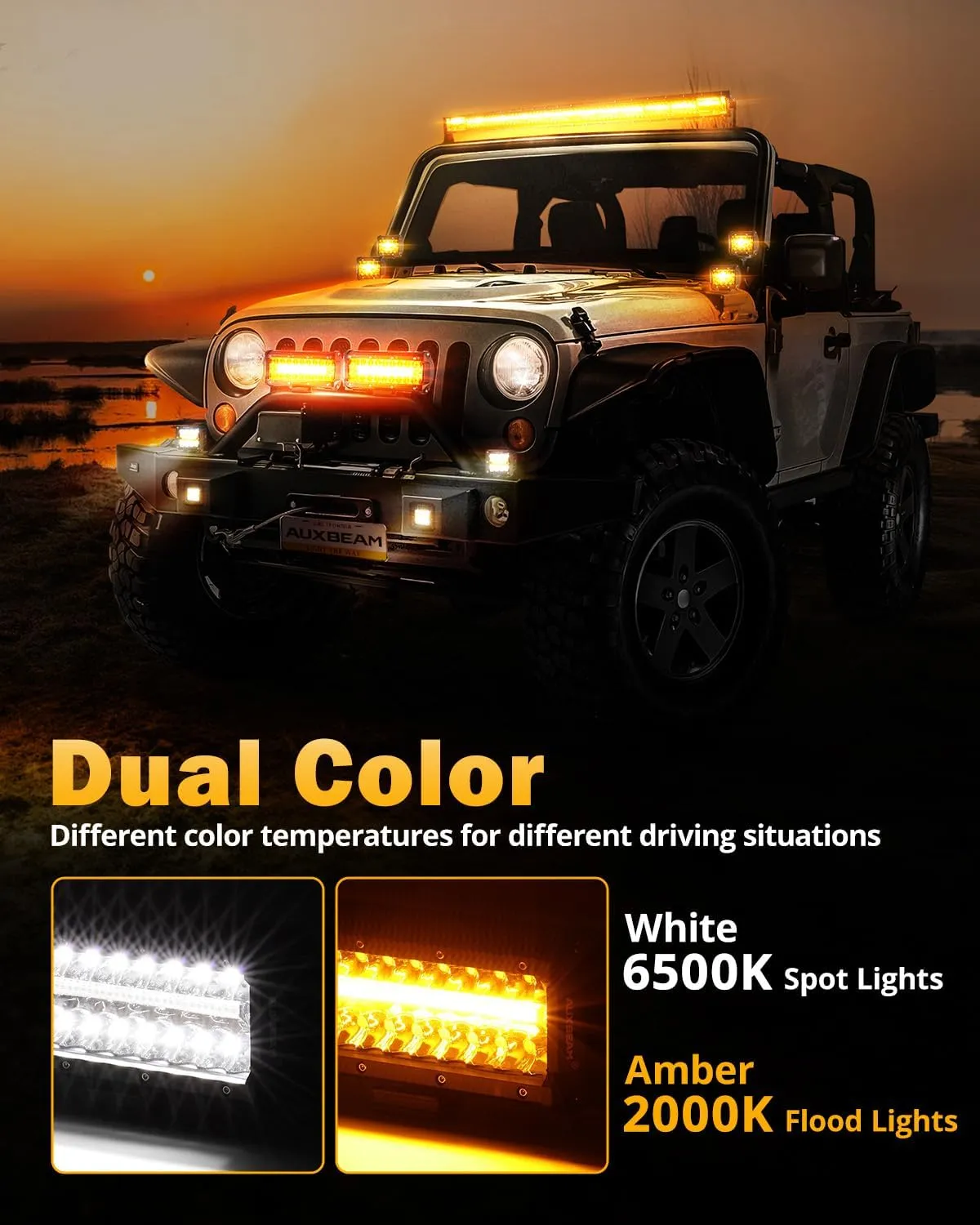 Auxbeam 6 Modes Amber White Series 7" 300W LED Light Bar, Flashing Strobe LED Pods Spot Flood Combo, Dual Color Amber Fog Lights for Jeep, Car, Motorcycle, ATV, UTV, SUV, Pair