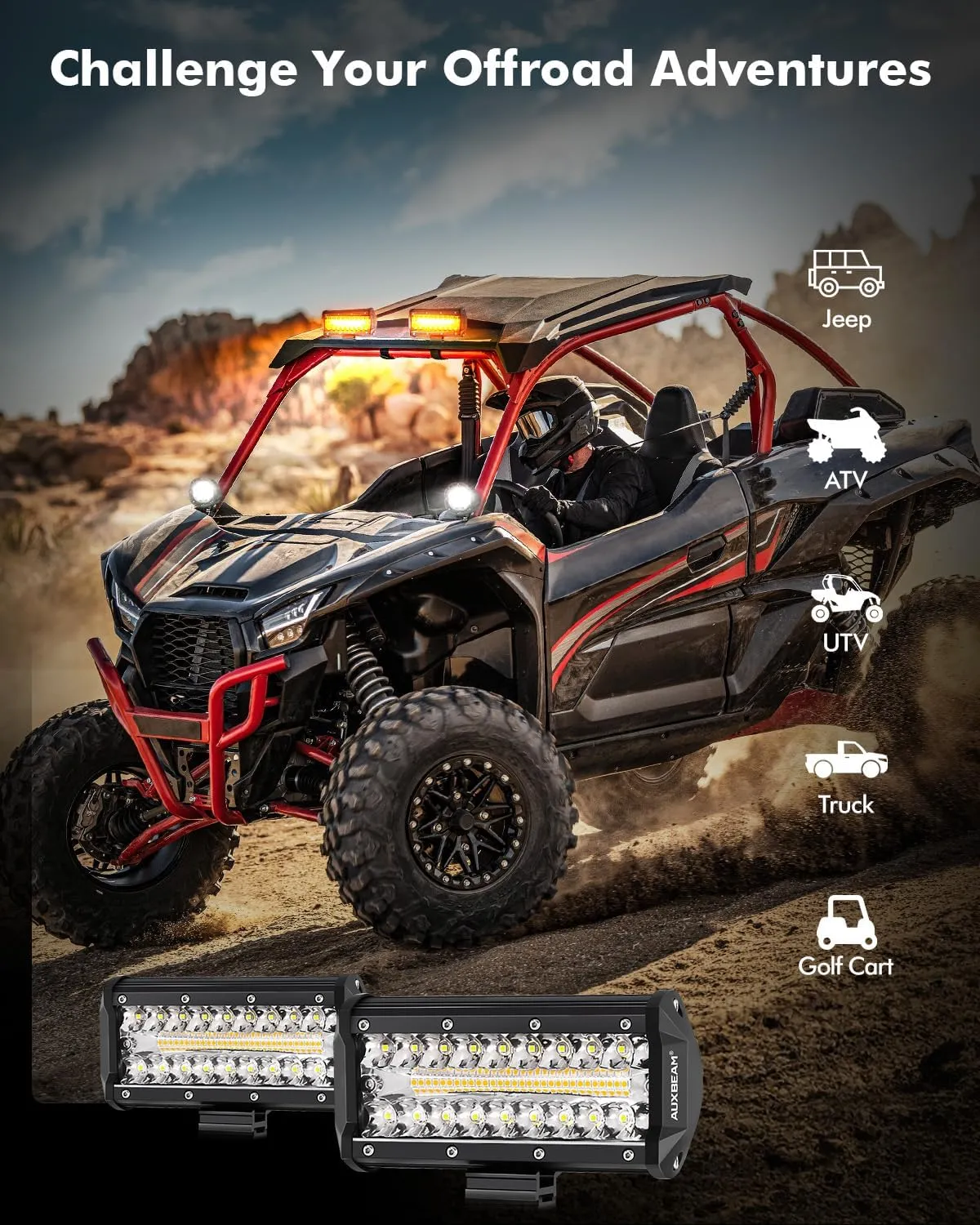 Auxbeam 6 Modes Amber White Series 7" 300W LED Light Bar, Flashing Strobe LED Pods Spot Flood Combo, Dual Color Amber Fog Lights for Jeep, Car, Motorcycle, ATV, UTV, SUV, Pair