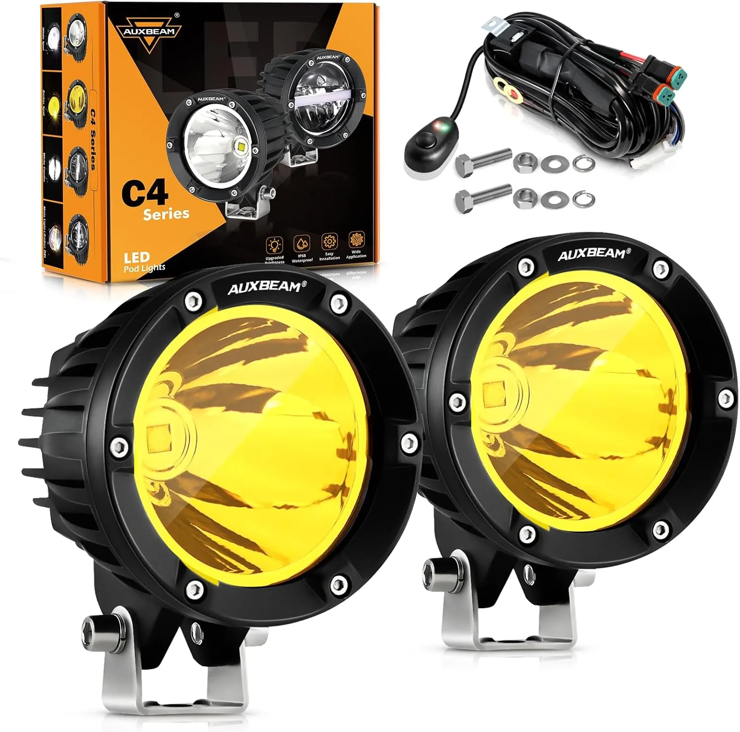 Auxbeam C4 Series 4 Inch 72W Amber Round LED Pods Spot Beam Automotive Offroad Lighting Yellow Fog Spot Light Bar for Trucks Car Motorcycle SUV ATV UTV Jeep Wrangler, Pair