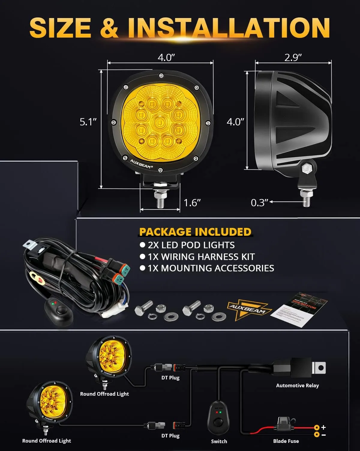 Auxbeam P4 Series Flood Beam Amber Round Light Pods, 4 Inch 90W Yellow Flood Light Bar Backup Reverse, LED Offroad Lights Automotive Work Lights Super Bright Fog Lamp, Pair