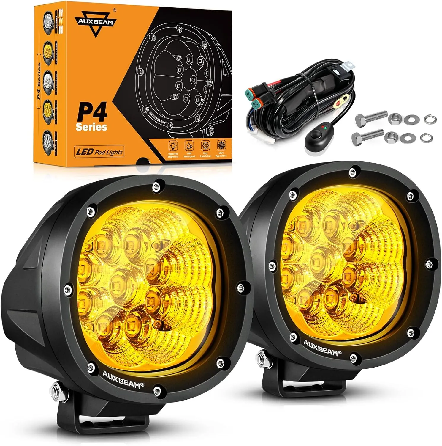 Auxbeam P4 Series Flood Beam Amber Round Light Pods, 4 Inch 90W Yellow Flood Light Bar Backup Reverse, LED Offroad Lights Automotive Work Lights Super Bright Fog Lamp, Pair