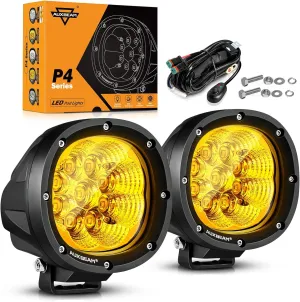 Auxbeam P4 Series Flood Beam Amber Round Light Pods, 4 Inch 90W Yellow Flood Light Bar Backup Reverse, LED Offroad Lights Automotive Work Lights Super Bright Fog Lamp, Pair