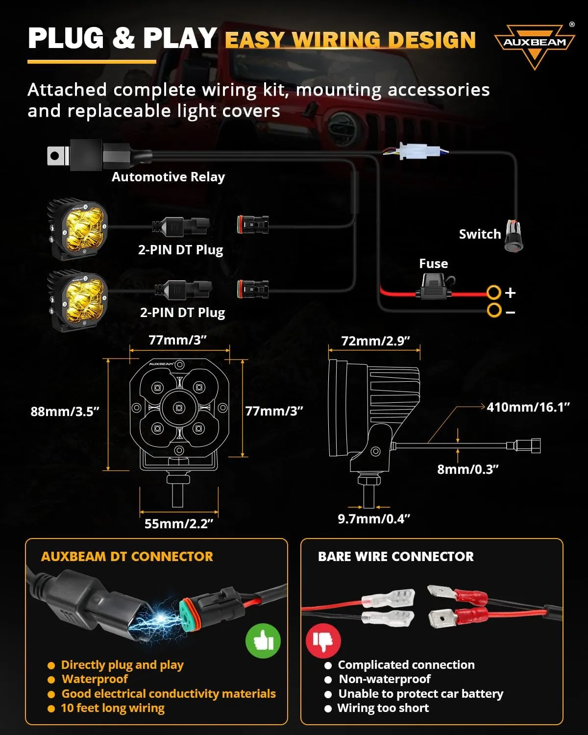 Auxbeam XP-Ultra Series Hyperspot LED Pod Lights, 3 Inch 80W 9600LM Spot Beam Offroad Lights, Amber White Lens Covers, 30° Spotlight Fog Ditch Lights, for Motorcycle Jeep Toyota 4x4, Pair