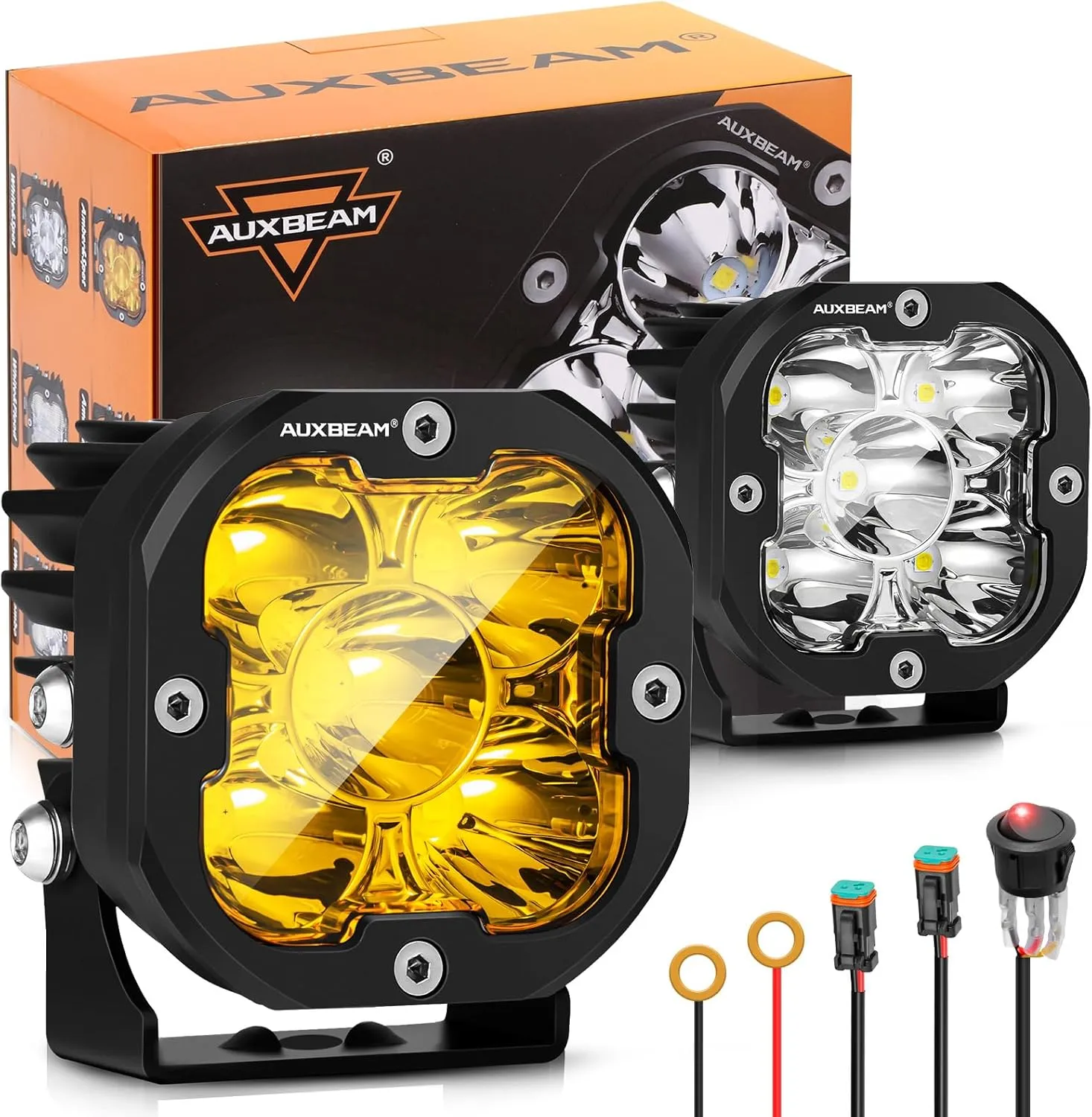 Auxbeam XP-Ultra Series Hyperspot LED Pod Lights, 3 Inch 80W 9600LM Spot Beam Offroad Lights, Amber White Lens Covers, 30° Spotlight Fog Ditch Lights, for Motorcycle Jeep Toyota 4x4, Pair