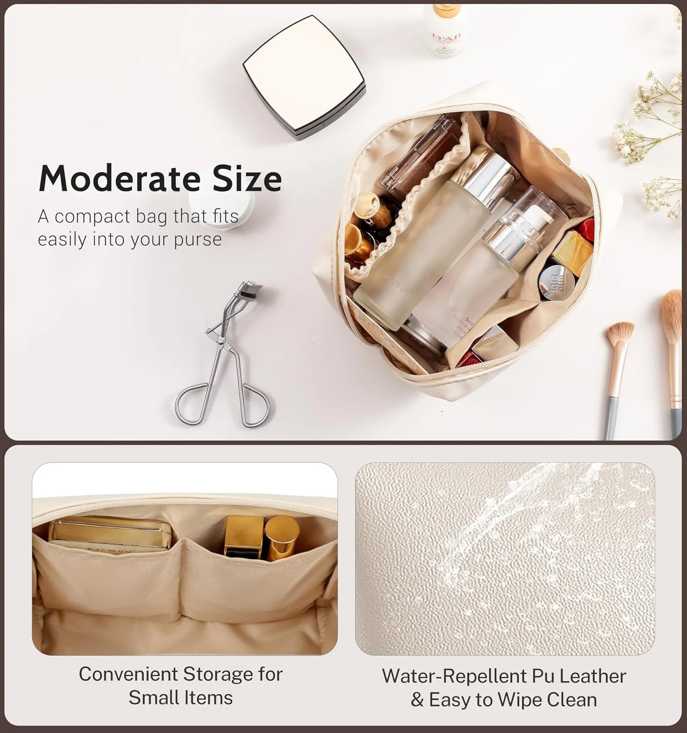 Aveniee Small Travel Makeup Bag Organizer, Cute Make up Bag for Purses, Vegan Leather Cosmetic Pouch with Zipper, Travel Toiletry Bag for Women, Wide-open Travel Essentials with Brush Pockets, Beige