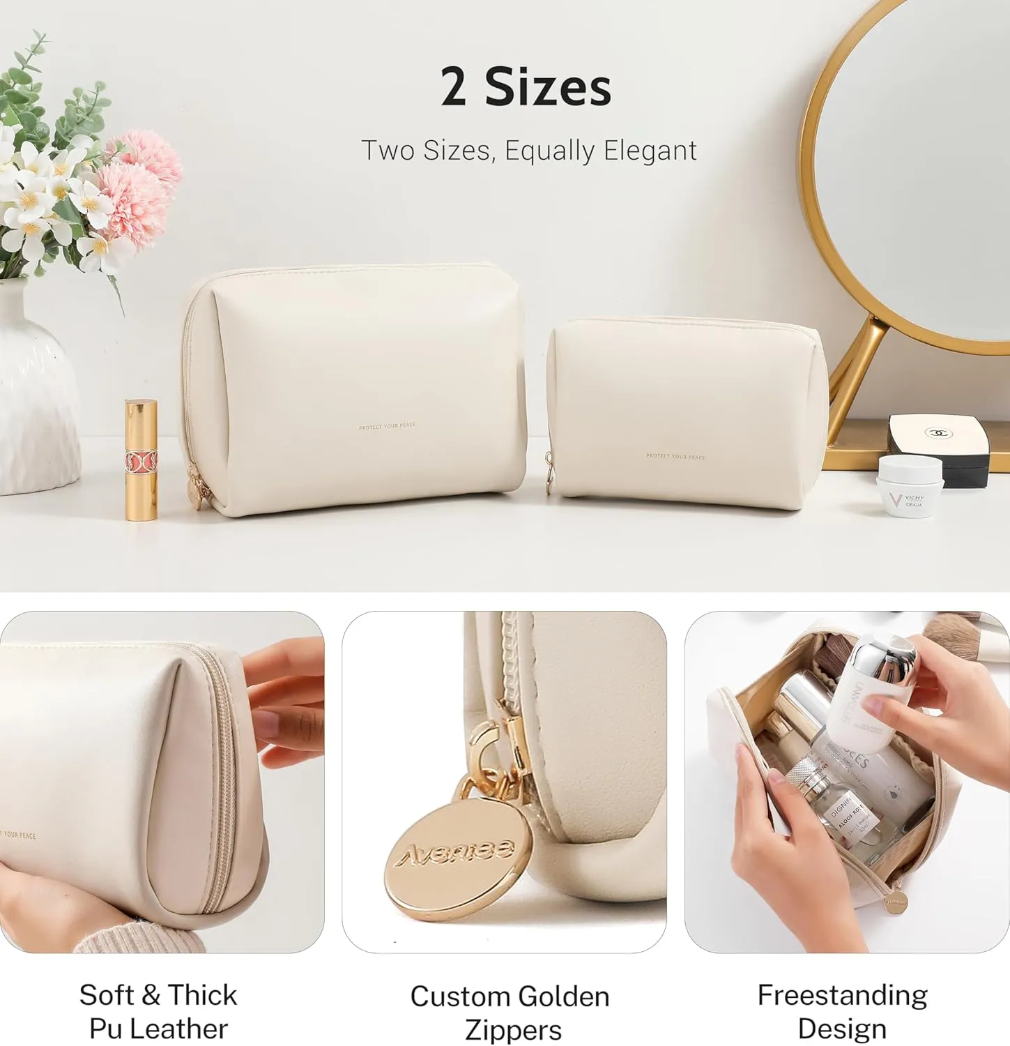 Aveniee Small Travel Makeup Bag Organizer, Cute Make up Bag for Purses, Vegan Leather Cosmetic Pouch with Zipper, Travel Toiletry Bag for Women, Wide-open Travel Essentials with Brush Pockets, Beige