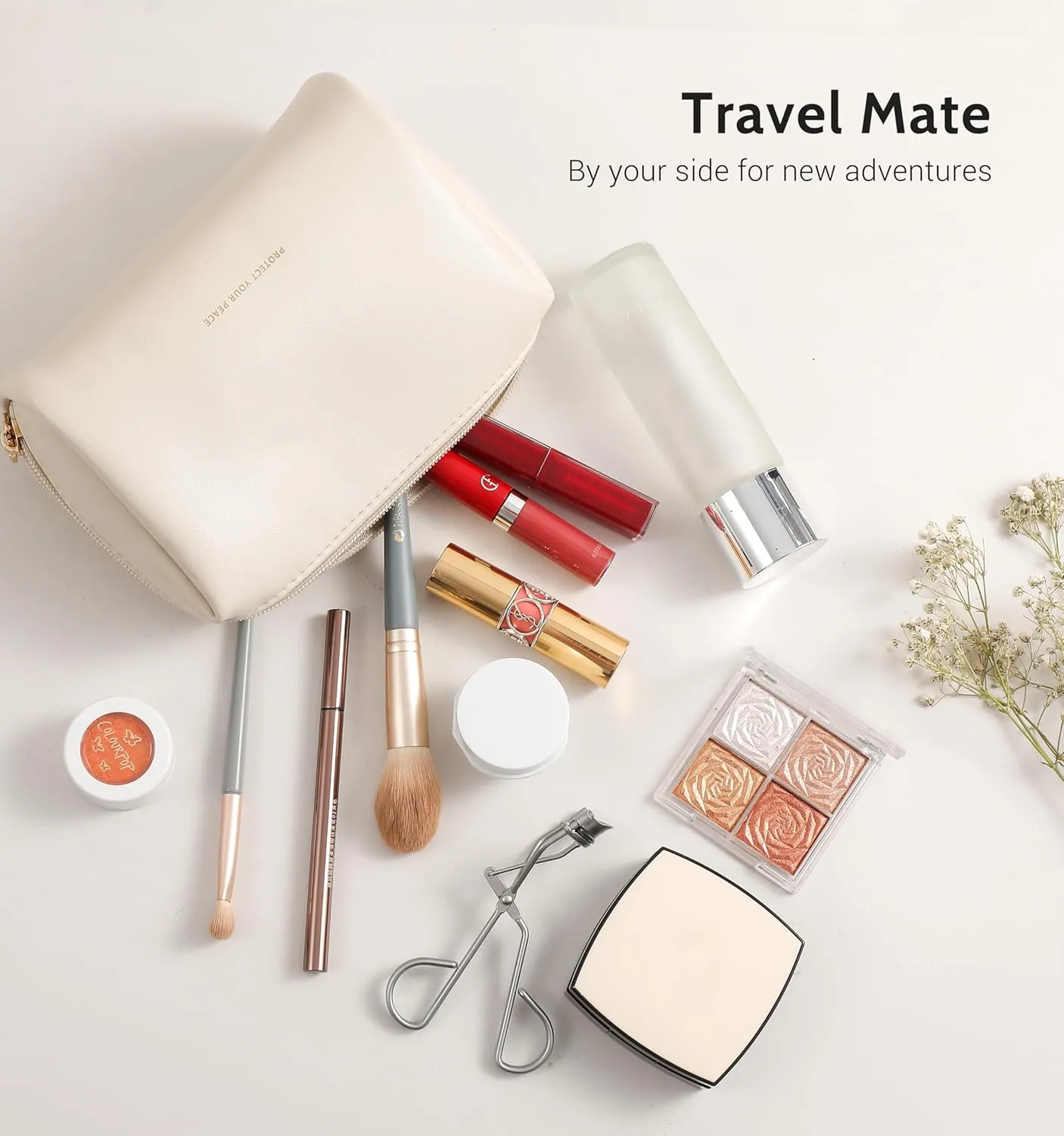 Aveniee Small Travel Makeup Bag Organizer, Cute Make up Bag for Purses, Vegan Leather Cosmetic Pouch with Zipper, Travel Toiletry Bag for Women, Wide-open Travel Essentials with Brush Pockets, Beige
