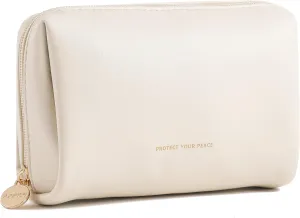 Aveniee Small Travel Makeup Bag Organizer, Cute Make up Bag for Purses, Vegan Leather Cosmetic Pouch with Zipper, Travel Toiletry Bag for Women, Wide-open Travel Essentials with Brush Pockets, Beige
