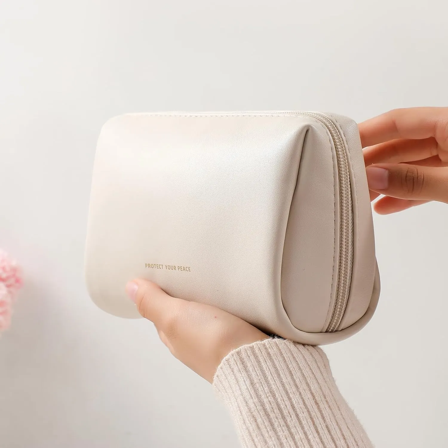 Aveniee Small Travel Makeup Bag Organizer, Cute Make up Bag for Purses, Vegan Leather Cosmetic Pouch with Zipper, Travel Toiletry Bag for Women, Wide-open Travel Essentials with Brush Pockets, Beige