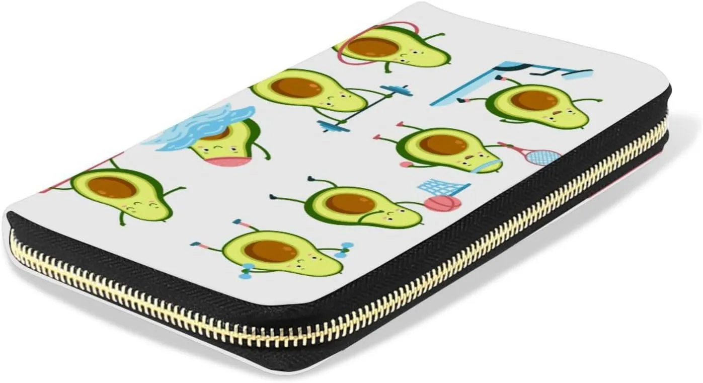 Avocado Fitness Fruits Athlete Workout Swimming Yoga Training Leather Long Wallet Organizer with Zipper Purse Clutch Bag for Women Men Key Card Coin Passport Checkbook 8 x 4 inch