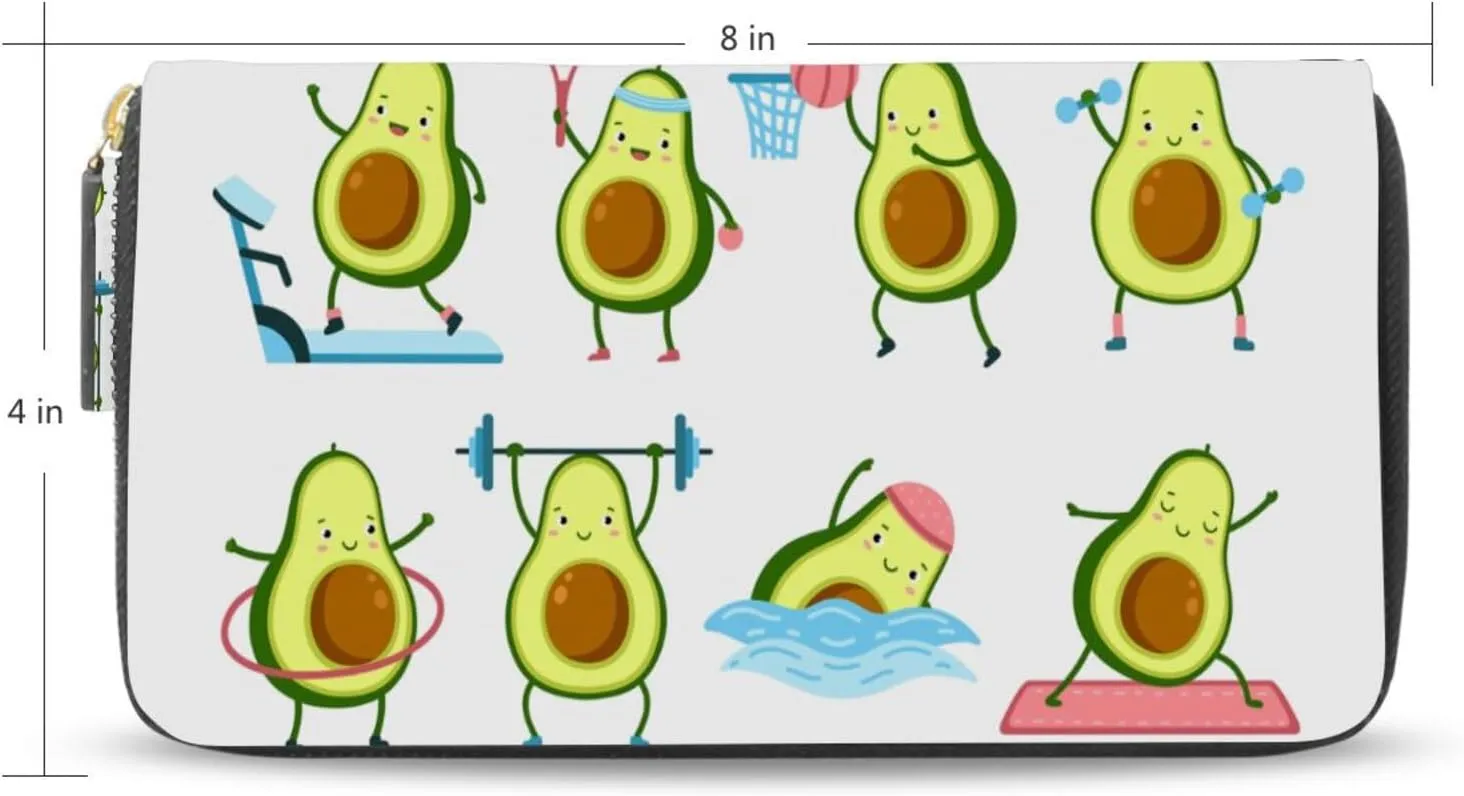 Avocado Fitness Fruits Athlete Workout Swimming Yoga Training Leather Long Wallet Organizer with Zipper Purse Clutch Bag for Women Men Key Card Coin Passport Checkbook 8 x 4 inch