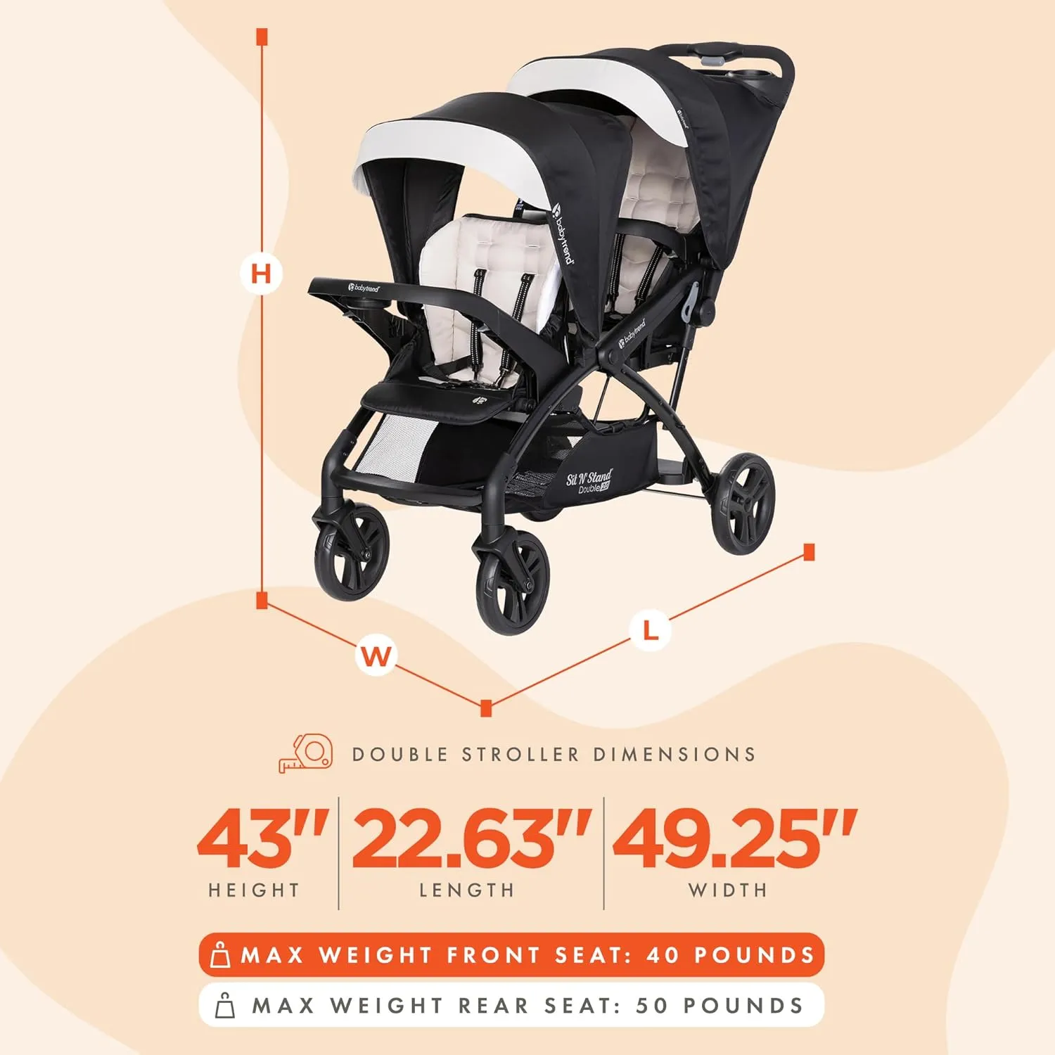 Baby Trend Sit N' Stand Tandem Double Stroller 2.0 DLX and 5 Point Safety Harness, Shaded Canopy, Storage Compartment, and 2 Cup Holders, Modern Khaki