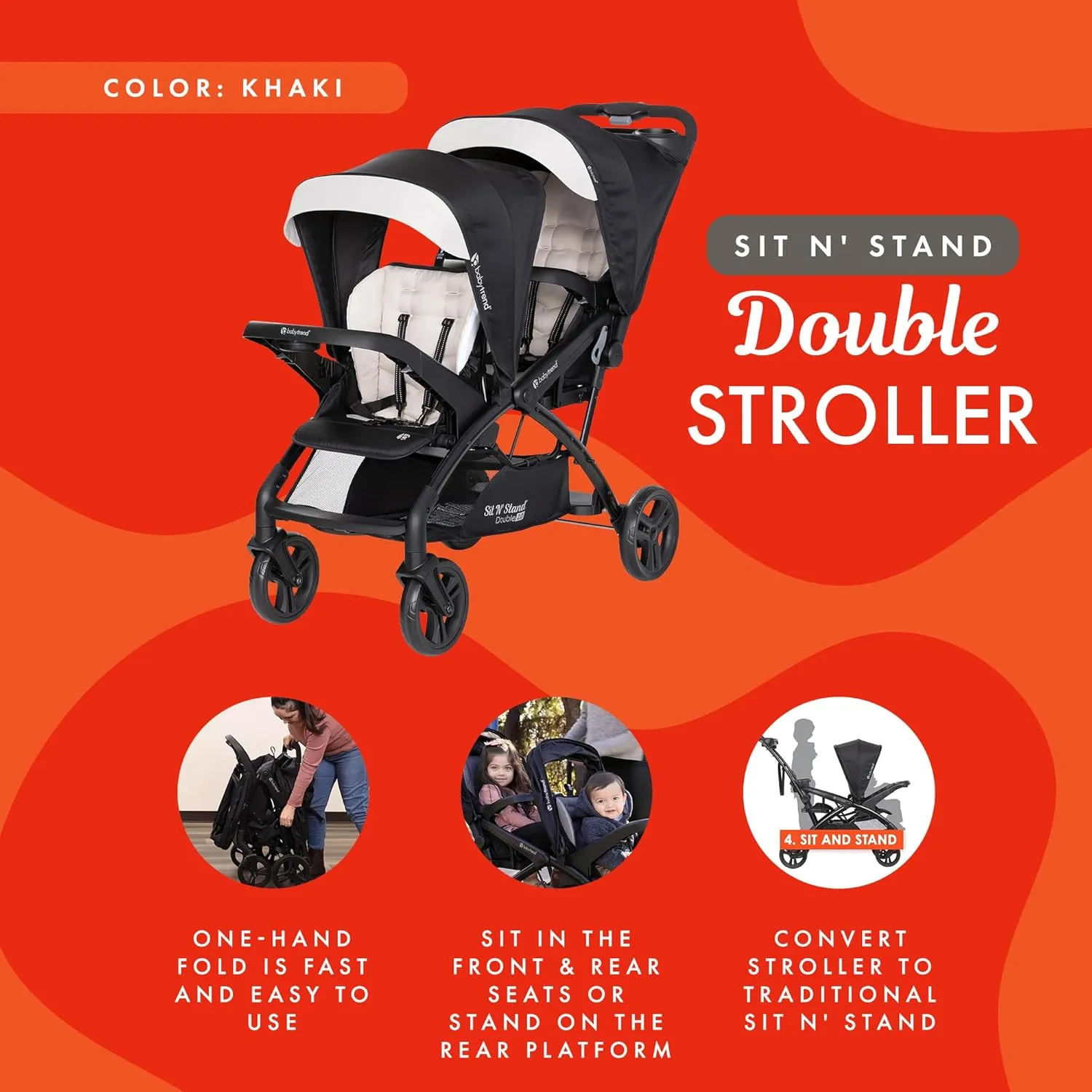 Baby Trend Sit N' Stand Tandem Double Stroller 2.0 DLX and 5 Point Safety Harness, Shaded Canopy, Storage Compartment, and 2 Cup Holders, Modern Khaki