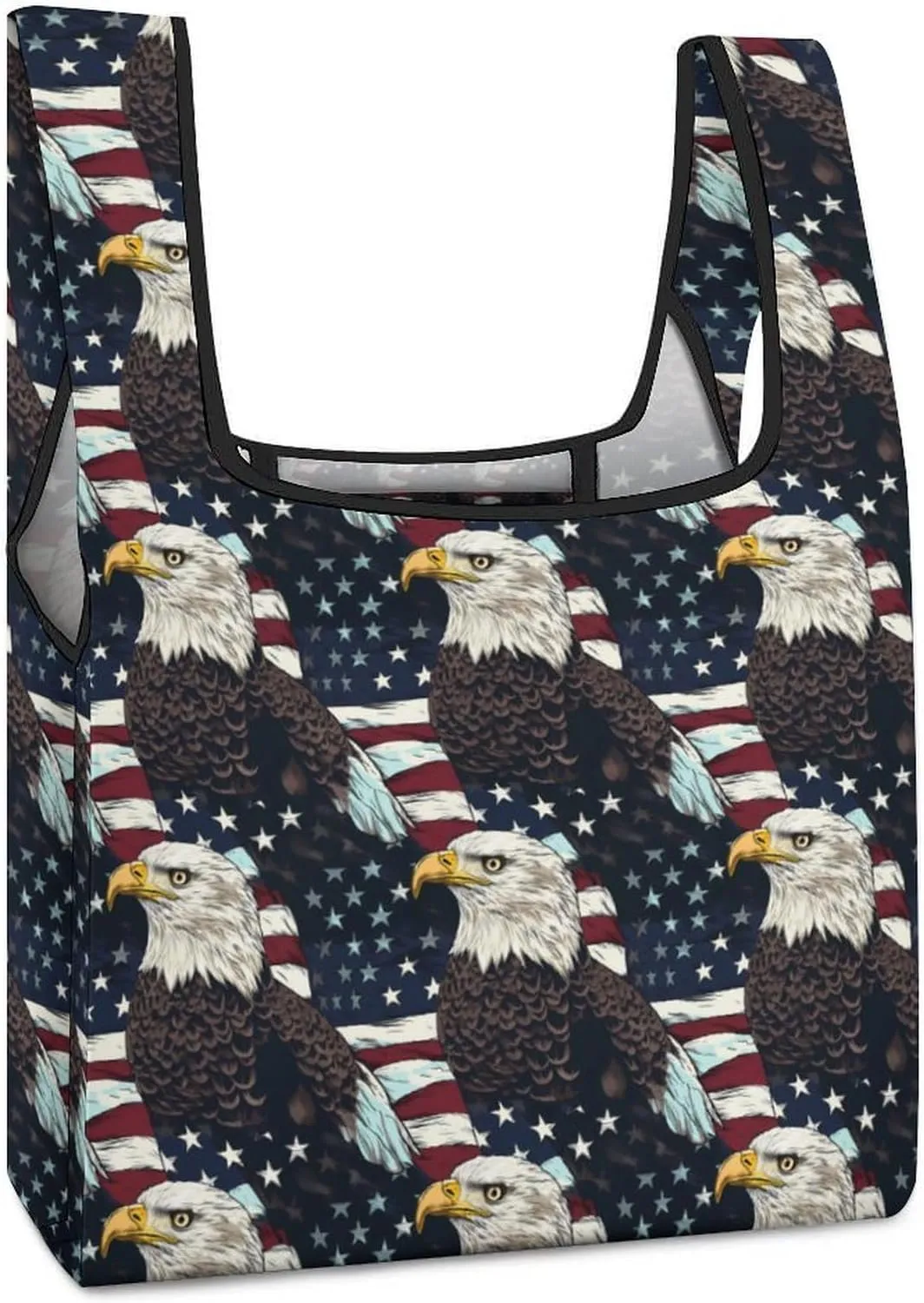 Bald Eagle And U.S. Flag Novelty Reusable Grocery Bag Fold-able Shopping Bags Washable Tote Lightweight Storage Pouch with Handle