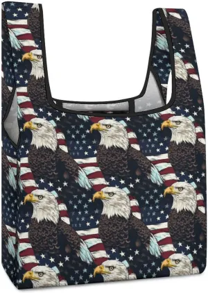 Bald Eagle And U.S. Flag Novelty Reusable Grocery Bag Fold-able Shopping Bags Washable Tote Lightweight Storage Pouch with Handle