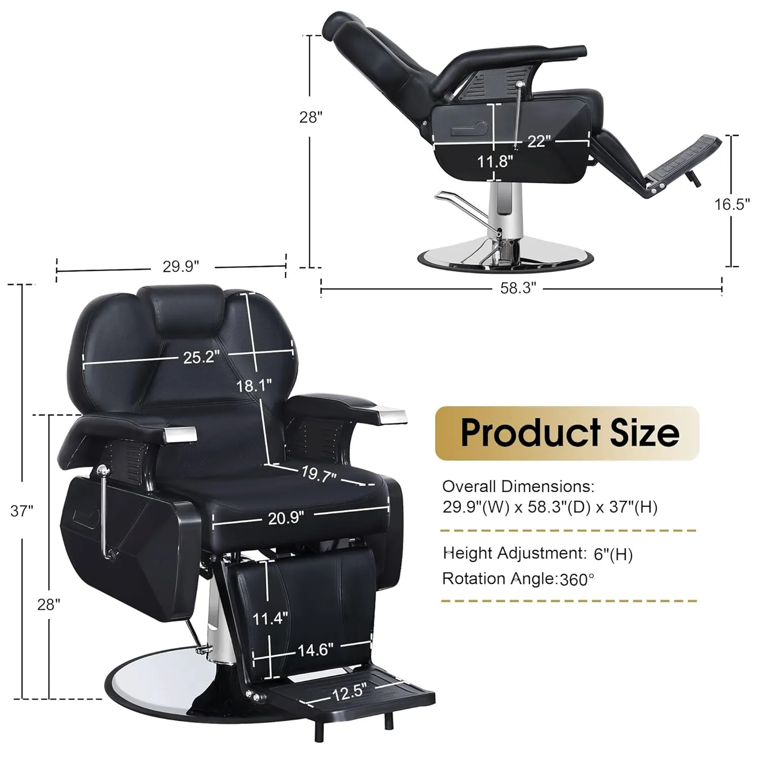 BarberPub Heavy Duty Reclining Barber Chair, All Purpose Hydraulic Salon Chairs for Hair Stylist, Barbershop Salon Tattoo 2688 (Black)