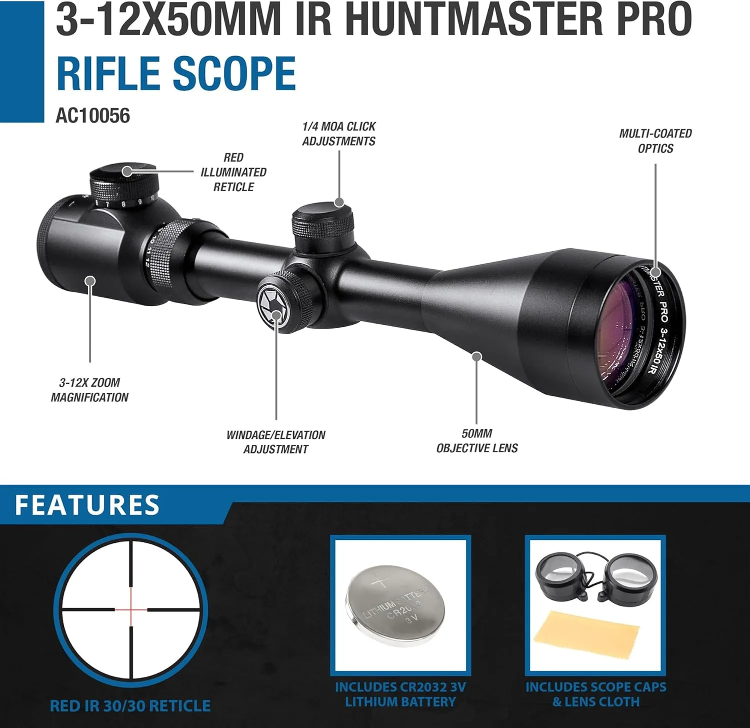 Barska Huntmaster Rifle Scope – Durable, Waterproof, Fogproof, Shockproof, Parallax-Free at 100 Yards, Fast Focus Eyebell, Scope Caps – Great for Hunting & Plinking