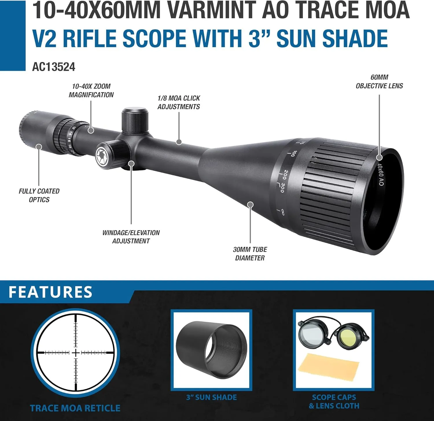 Barska Varmint Rifle Scope with Adjustable Objective for Hunting and Targeting