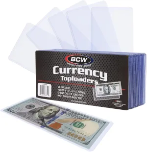 BCW Currency Topload Holder - Pack of 25 | Clear Rigid PVC Protective Sleeve for Standard US Dollar Bills | Archival Safe, Scratch-Resistant Display Toploader for Paper Currency Collectors