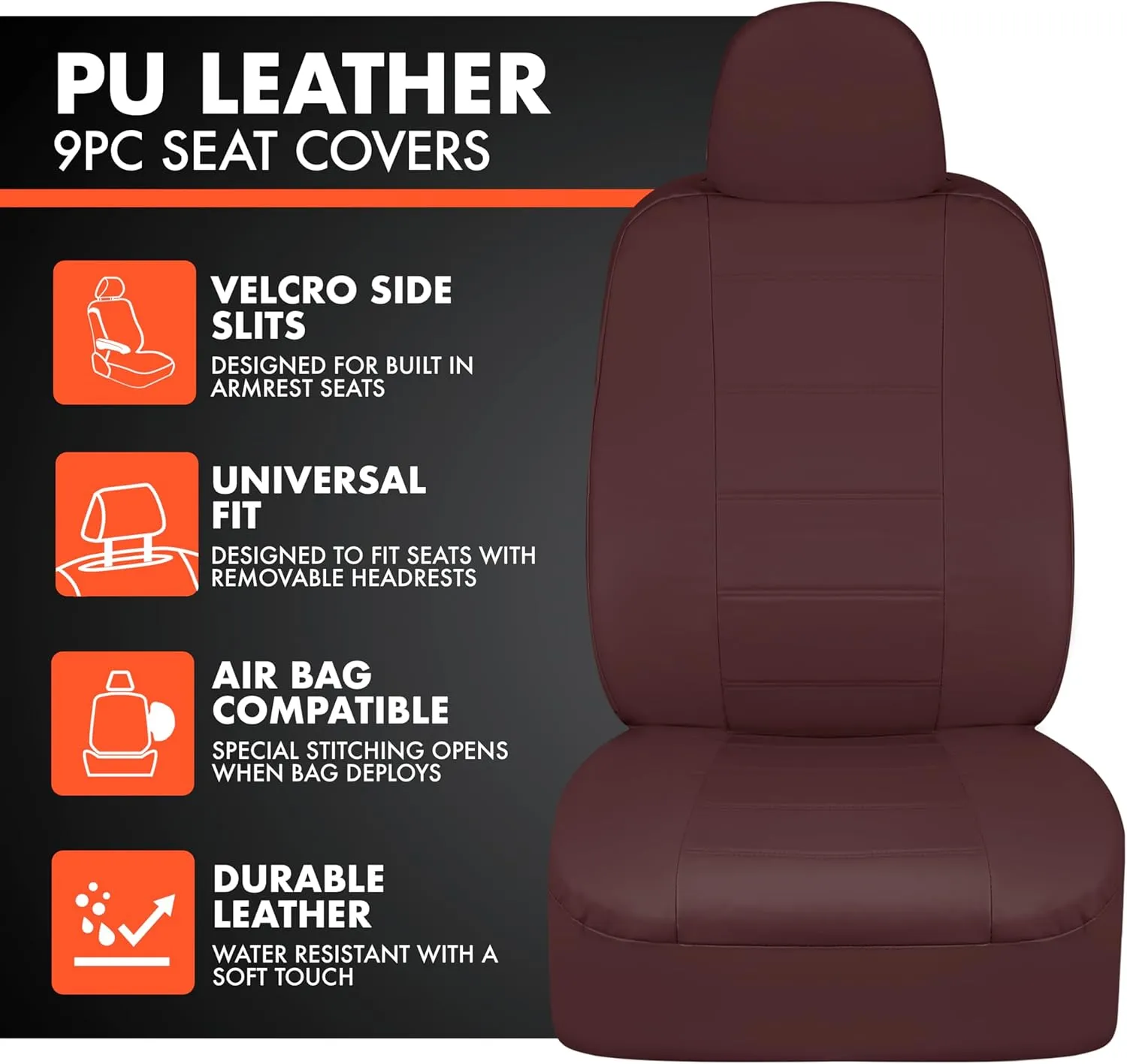 BDK 9-Piece Burgundy Leather Car Seat Cover Full Set, Front Seat Cover and Rear Bench Seat Cover Universal Fit Car Seat Covers for Cars Trucks SUVs Vans, Complete Full Coverage Protection For Vehicles