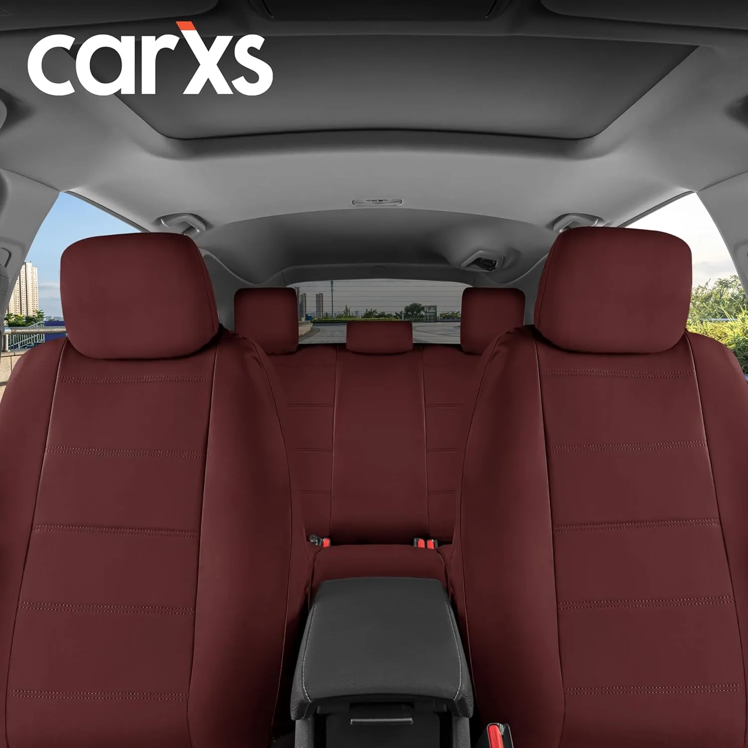 BDK 9-Piece Burgundy Leather Car Seat Cover Full Set, Front Seat Cover and Rear Bench Seat Cover Universal Fit Car Seat Covers for Cars Trucks SUVs Vans, Complete Full Coverage Protection For Vehicles