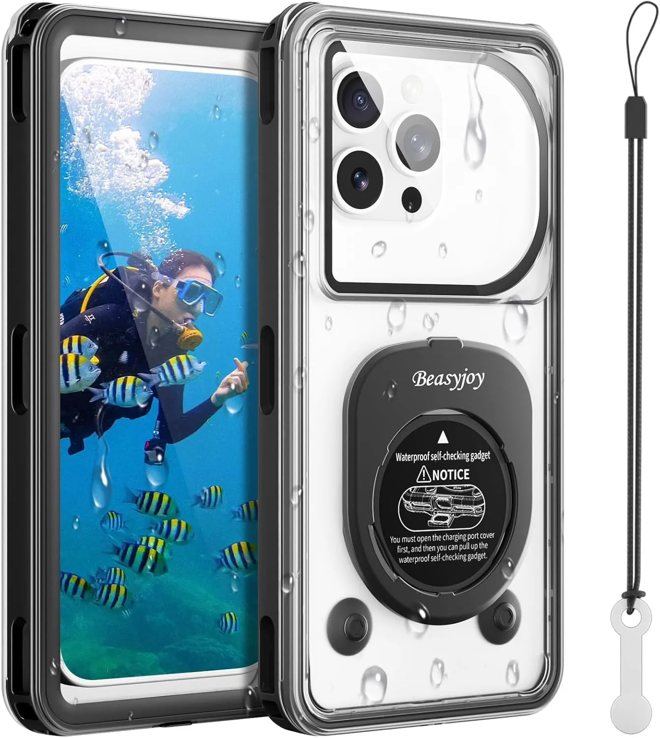 Beasyjoy Waterproof Phone Case, Underwater Phone Case for Snorkeling, Universal IPX8 Diving Case with Lanyard Up to 6.9" for iPhone 16/15/14/13/12 Pro Max, Samsung S24/S23/S22/Google/Moto - Black