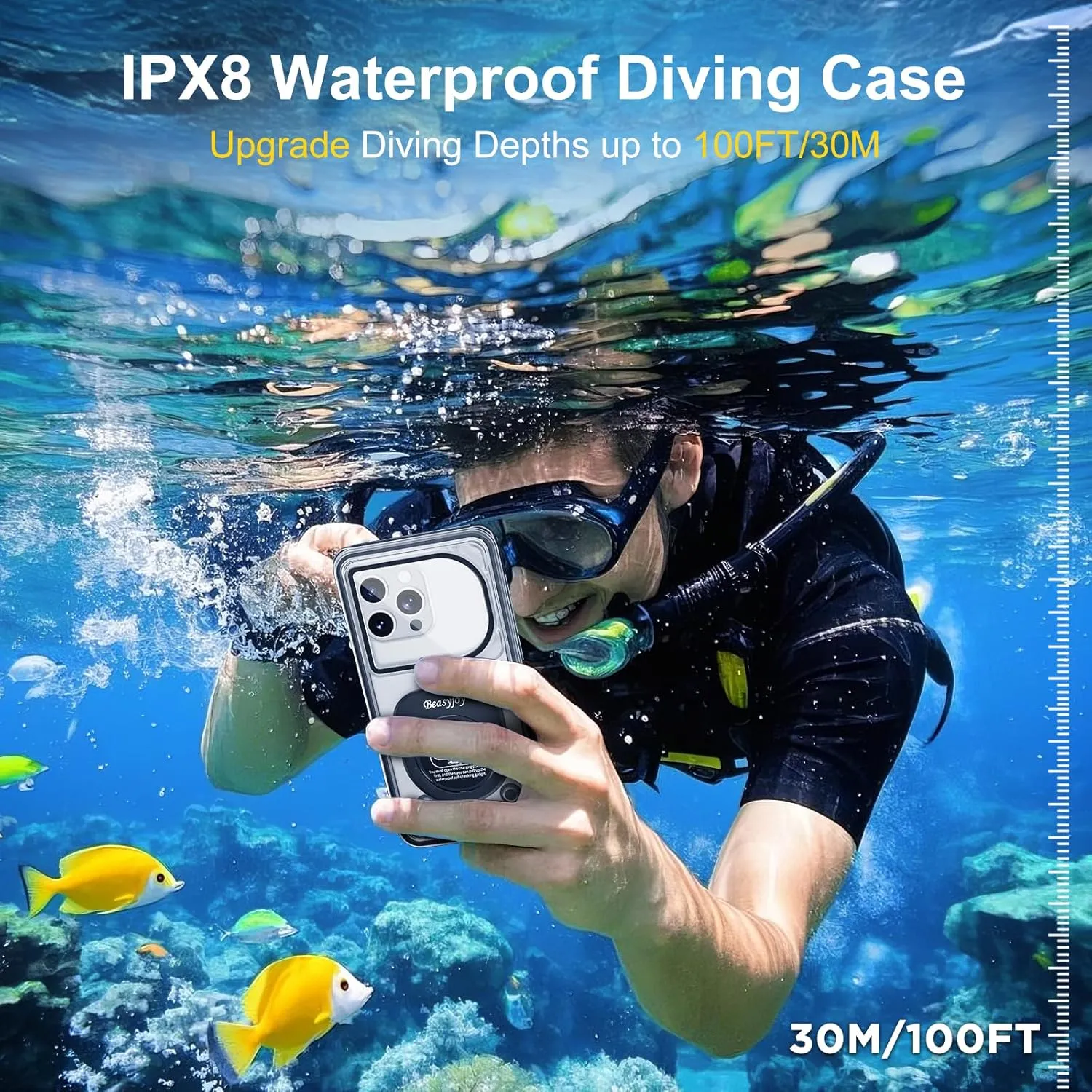 Beasyjoy Waterproof Phone Case, Underwater Phone Case for Snorkeling, Universal IPX8 Diving Case with Lanyard Up to 6.9" for iPhone 16/15/14/13/12 Pro Max, Samsung S24/S23/S22/Google/Moto - Black