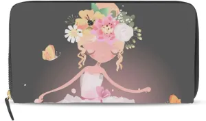 Beautiful Ballet Girl, Ballerina with Flowers Butterfly and Sparkles Leather Long Wallet Organizer with Zipper Purse Clutch Bag for Women Men Key Card Coin Passport Checkbook 8 x 4 inch