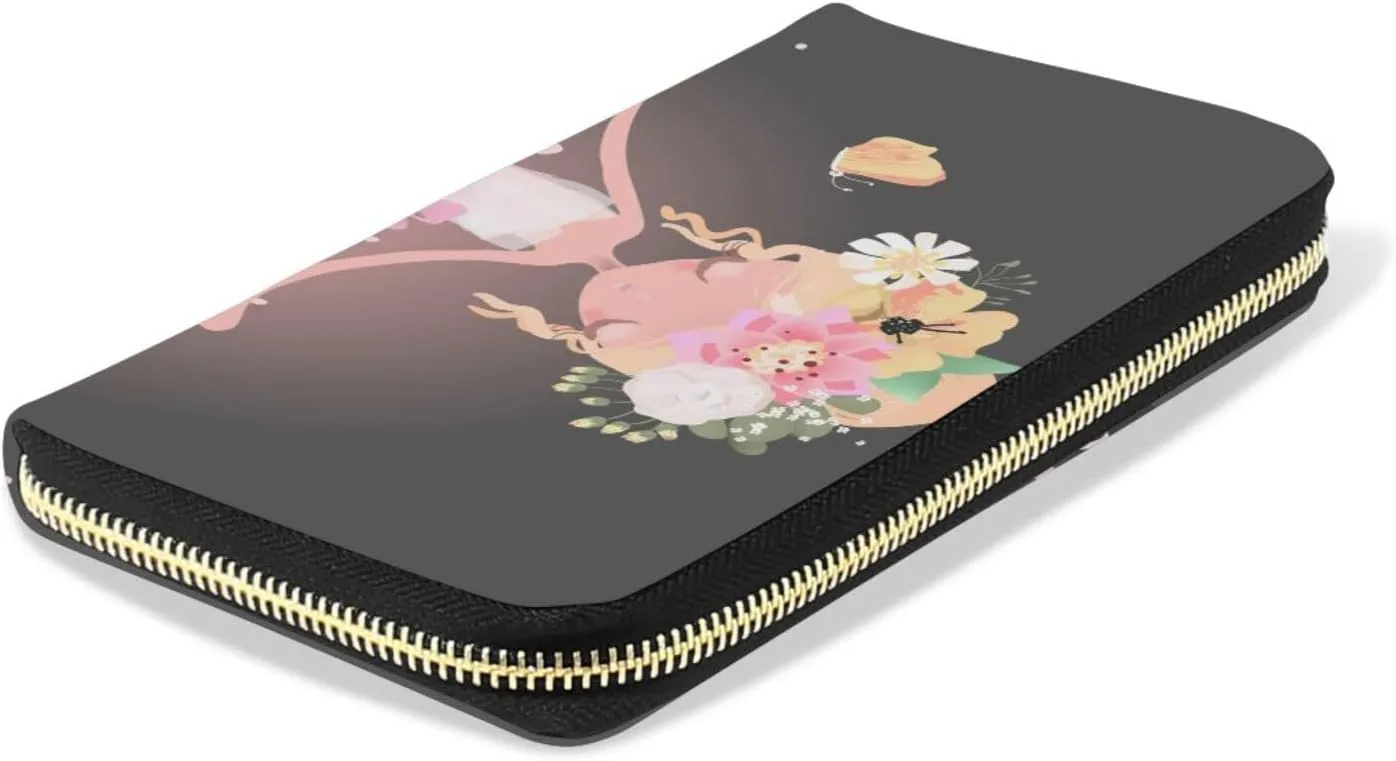 Beautiful Ballet Girl, Ballerina with Flowers Butterfly and Sparkles Leather Long Wallet Organizer with Zipper Purse Clutch Bag for Women Men Key Card Coin Passport Checkbook 8 x 4 inch