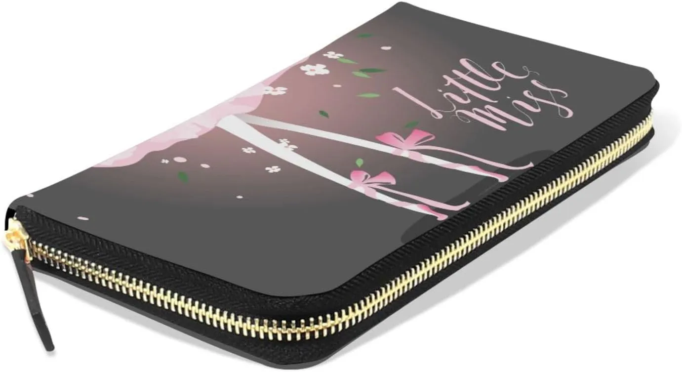 Beautiful Ballet Girl, Ballerina with Flowers Butterfly and Sparkles Leather Long Wallet Organizer with Zipper Purse Clutch Bag for Women Men Key Card Coin Passport Checkbook 8 x 4 inch