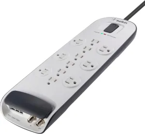 Belkin Power Strip Surge Protector - 12 AC Multiple Outlets, Ethernet & Cable Protection - 8 ft Long Extension Cord for Home, Office, Travel, Computer Desktop & Phone Charger - 3996 Joules, White