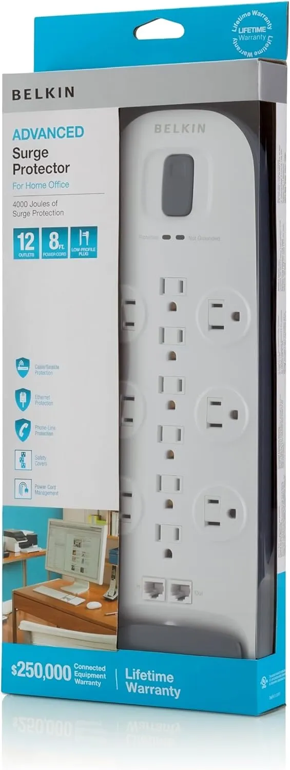 Belkin Power Strip Surge Protector - 12 AC Multiple Outlets, Ethernet & Cable Protection - 8 ft Long Extension Cord for Home, Office, Travel, Computer Desktop & Phone Charger - 3996 Joules, White