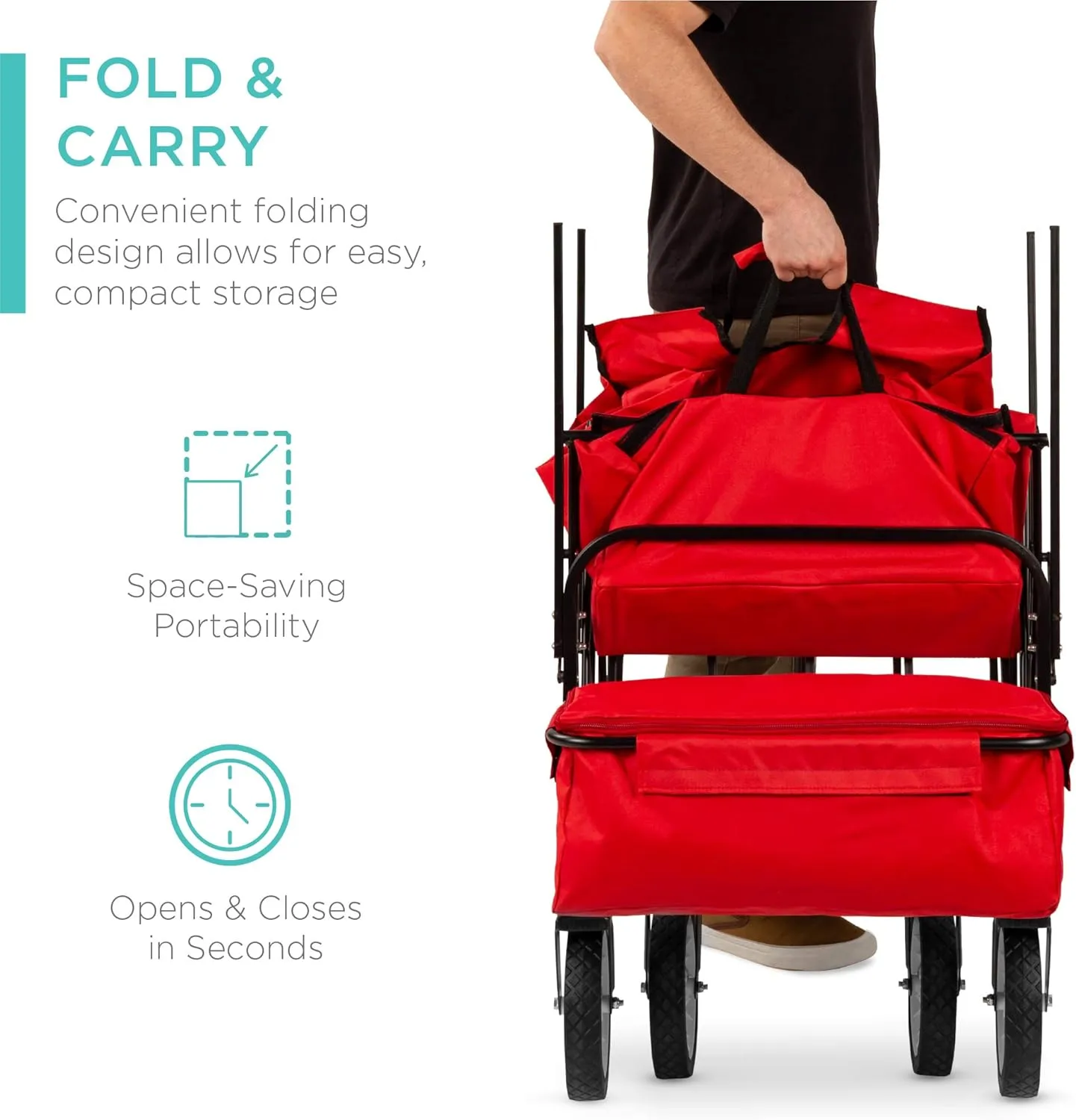 Best Choice Products Collapsible Folding Outdoor Utility Wagon with Canopy Garden Cart for Beach, Picnic, Camping, Tailgates w/Removable Canopy, Detachable Pockets, 150lb Weight Capacity - Red