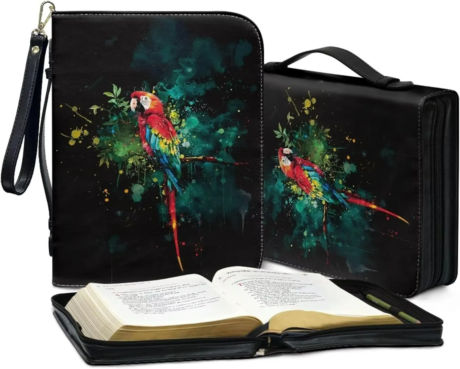 Bible Cases for Men Women Bible Case Bible Bag with Wristlet Strap PU Leather Church Bag Lightweight Storage Organizer Easy to Clean,Parrot Graffiti
