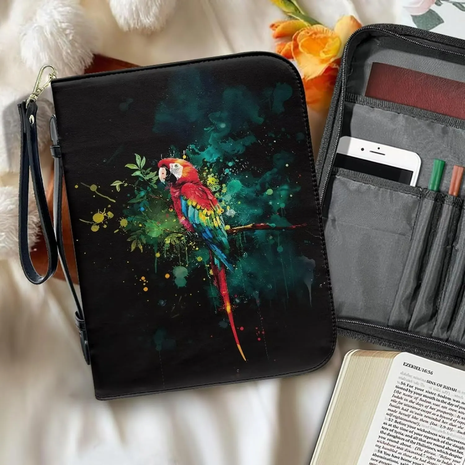 Bible Cases for Men Women Bible Case Bible Bag with Wristlet Strap PU Leather Church Bag Lightweight Storage Organizer Easy to Clean,Parrot Graffiti