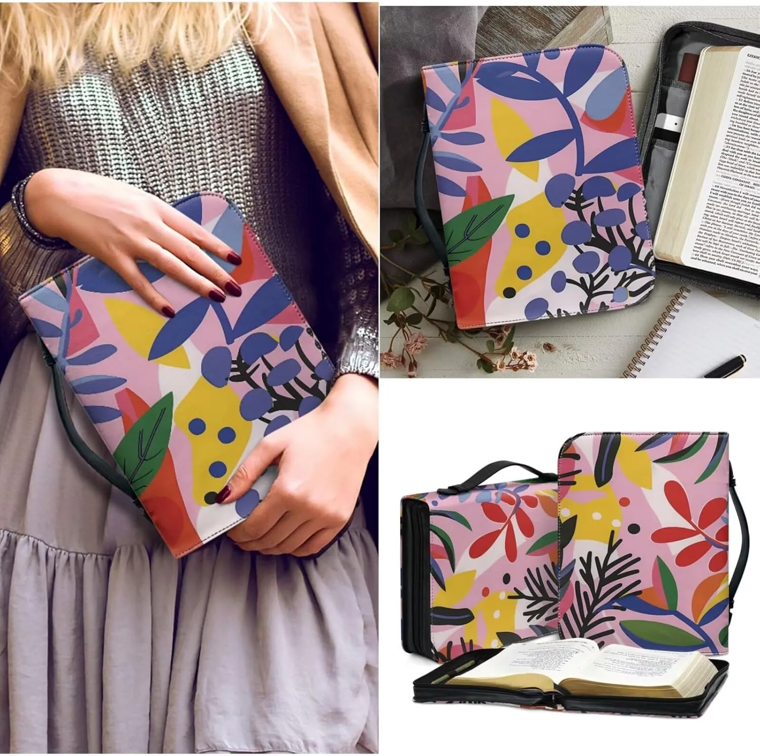 Bible Cases for Women Bible Covers for Women Christian Print PU Bible Bag Handheld Zipper Bible Case Church Bag