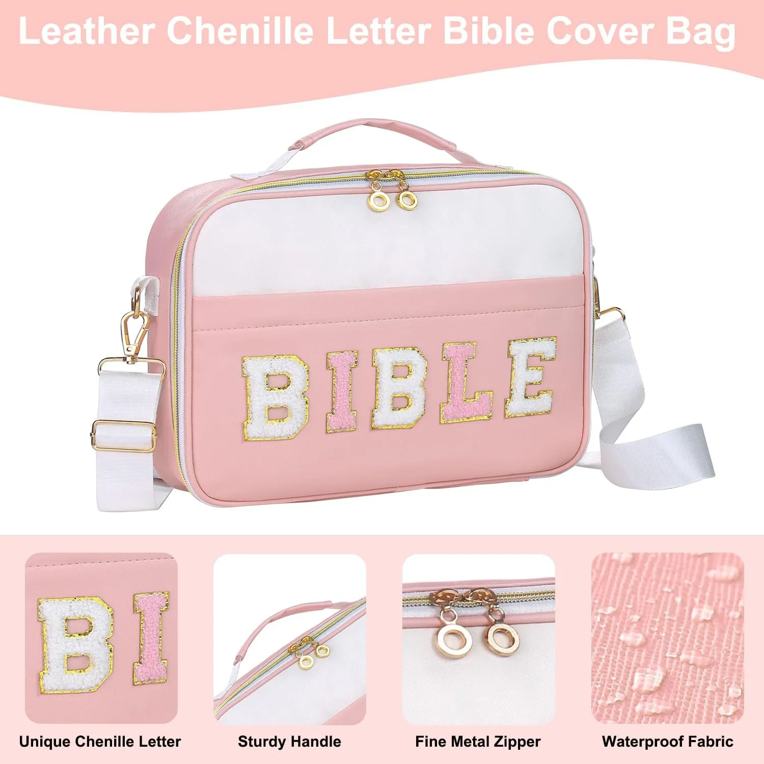 Bible Cover Case for Women, Large Chenille Letter Bible Carrying Case with Shoulder Strap, Church Bible Tote Bag for Woman Lady Teen Grils, Bible Totes for Bible Study Accessories-Pink