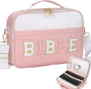 Bible Cover Case for Women, Large Chenille Letter Bible Carrying Case with Shoulder Strap, Church Bible Tote Bag for Woman Lady Teen Grils, Bible Totes for Bible Study Accessories-Pink