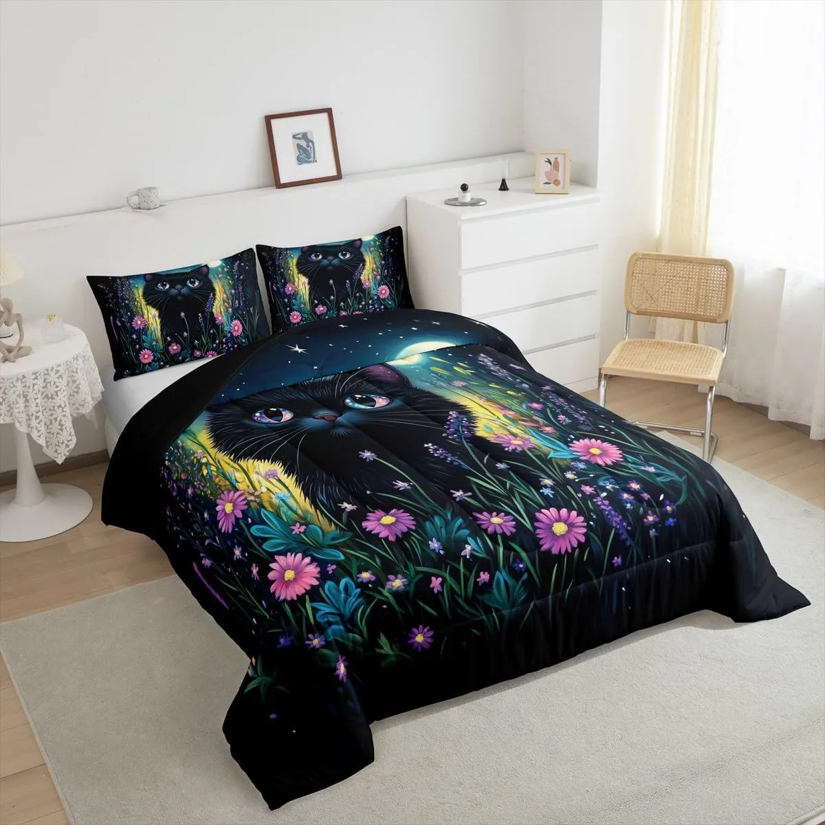 Black Cat Bedding Set King Size,Pink Flowers and Green Plants Comforter Set for Adult Women Bedroom,Kawaii Animals Ultra Soft Bedding Set with 2 Pillowcases,3Pcs