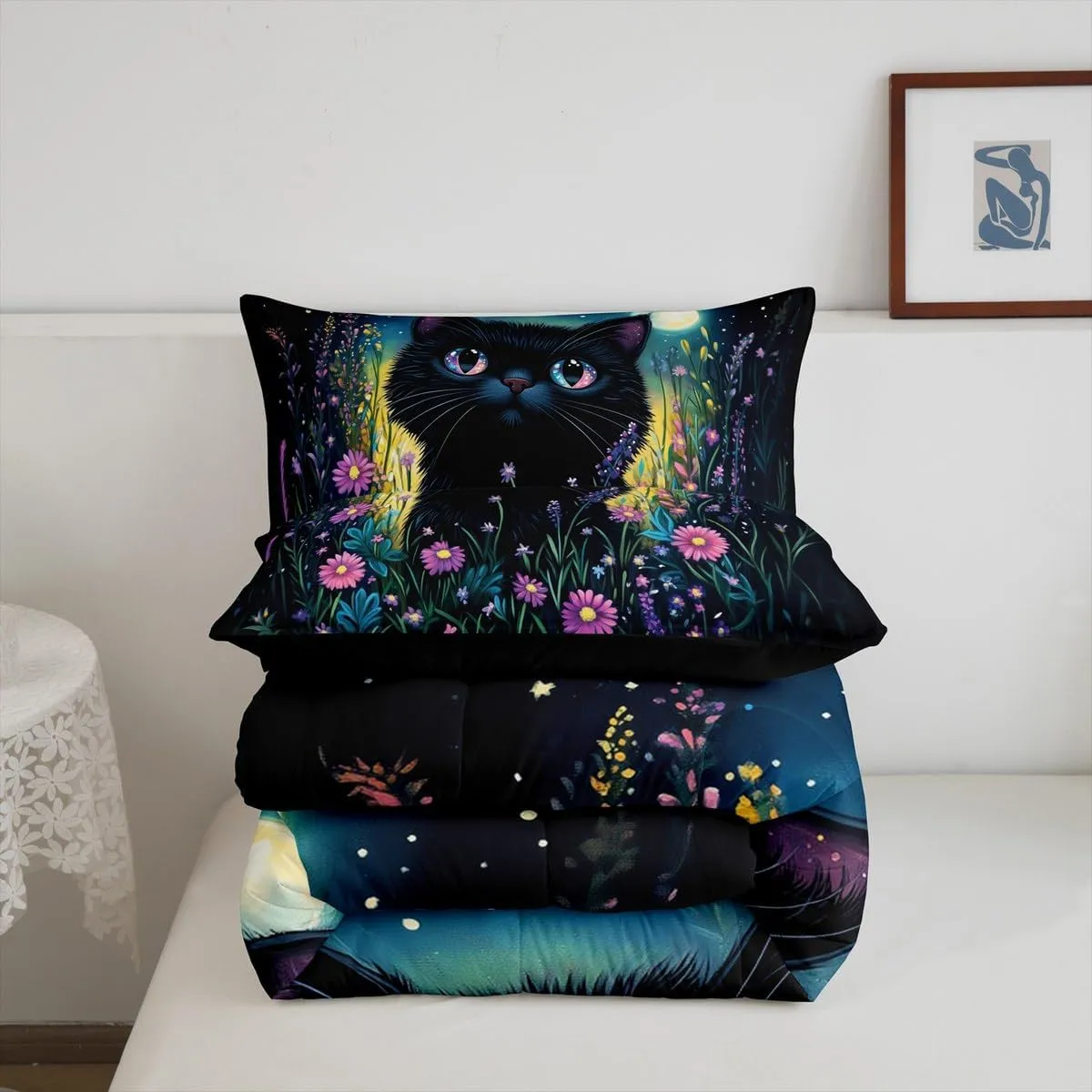 Black Cat Bedding Set King Size,Pink Flowers and Green Plants Comforter Set for Adult Women Bedroom,Kawaii Animals Ultra Soft Bedding Set with 2 Pillowcases,3Pcs