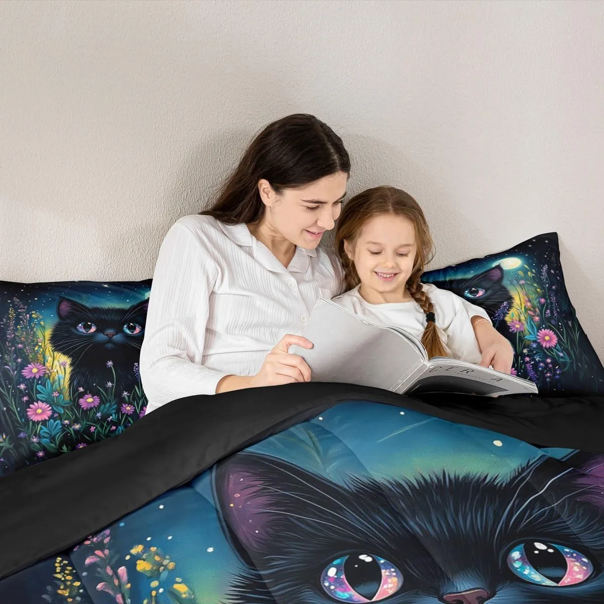 Black Cat Bedding Set King Size,Pink Flowers and Green Plants Comforter Set for Adult Women Bedroom,Kawaii Animals Ultra Soft Bedding Set with 2 Pillowcases,3Pcs