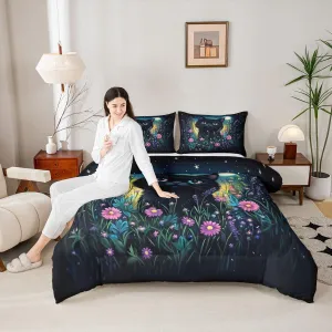 Black Cat Bedding Set King Size,Pink Flowers and Green Plants Comforter Set for Adult Women Bedroom,Kawaii Animals Ultra Soft Bedding Set with 2 Pillowcases,3Pcs