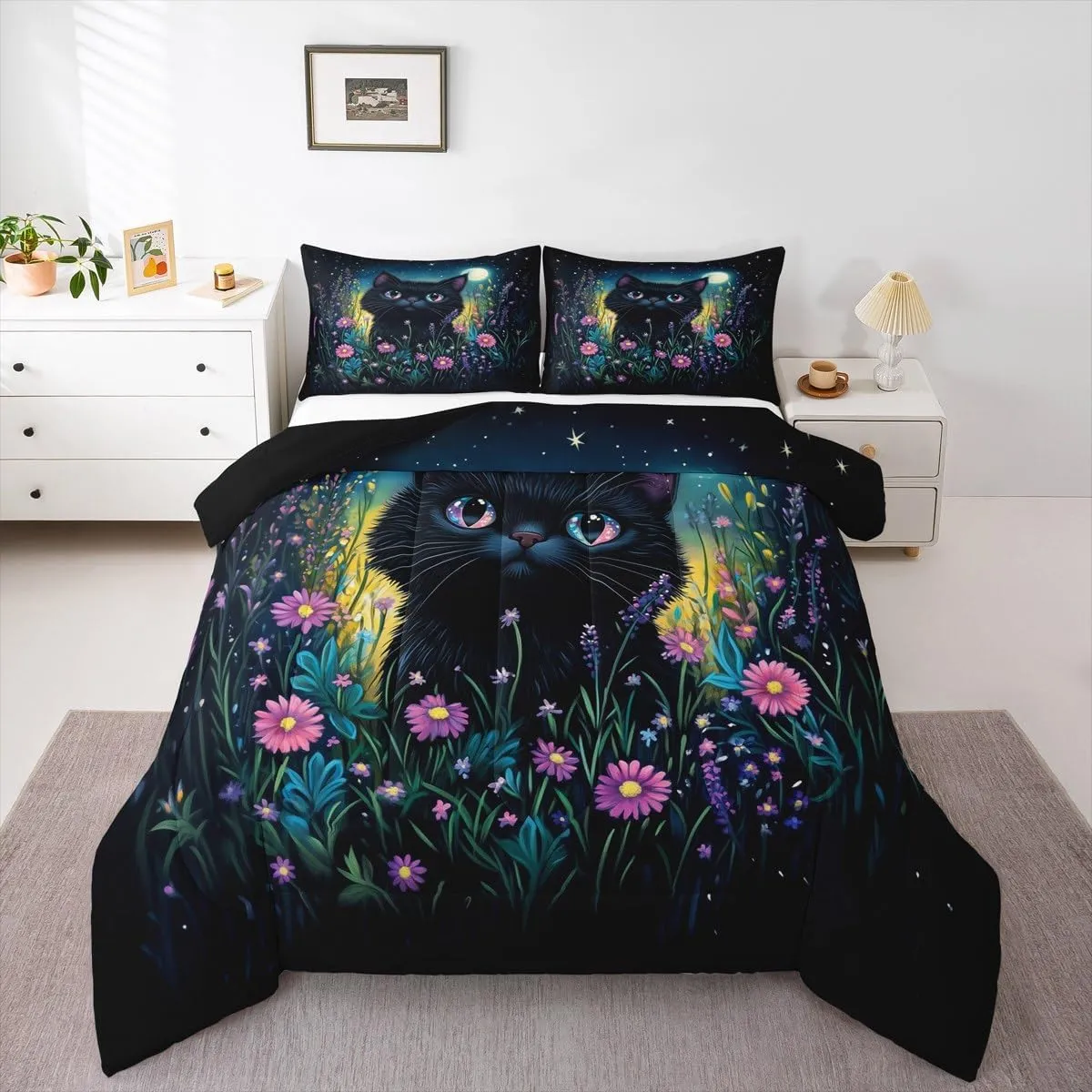 Black Cat Bedding Set King Size,Pink Flowers and Green Plants Comforter Set for Adult Women Bedroom,Kawaii Animals Ultra Soft Bedding Set with 2 Pillowcases,3Pcs