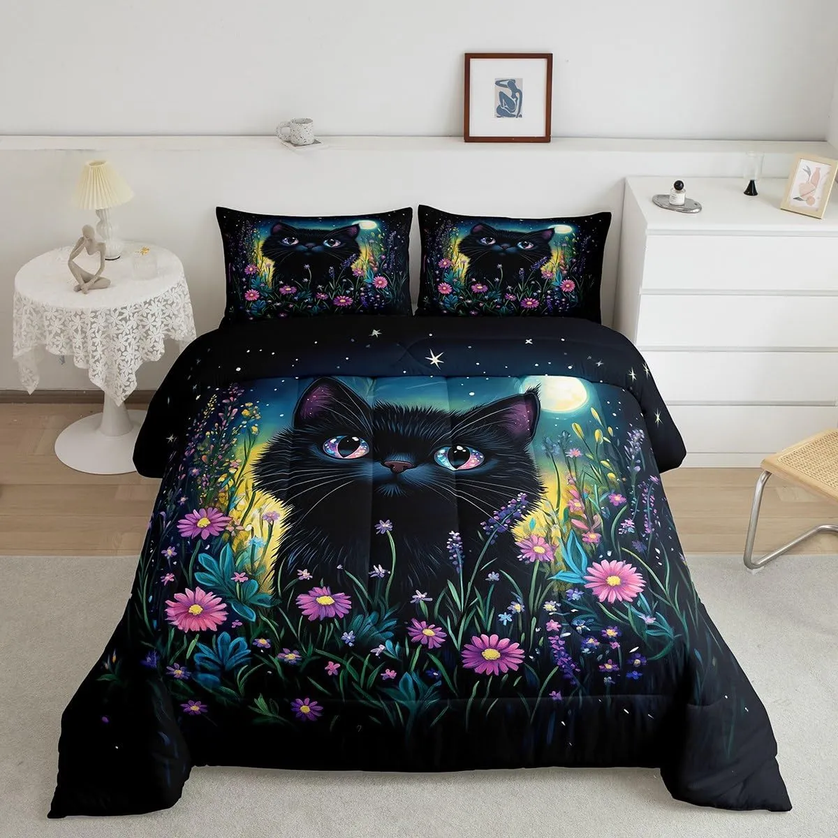 Black Cat Bedding Set King Size,Pink Flowers and Green Plants Comforter Set for Adult Women Bedroom,Kawaii Animals Ultra Soft Bedding Set with 2 Pillowcases,3Pcs