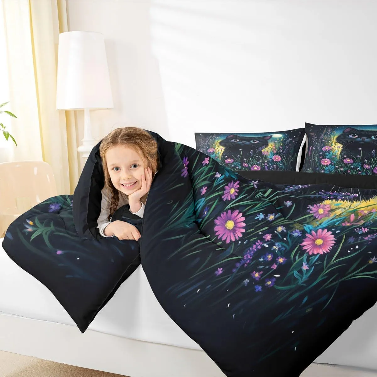 Black Cat Bedding Set King Size,Pink Flowers and Green Plants Comforter Set for Adult Women Bedroom,Kawaii Animals Ultra Soft Bedding Set with 2 Pillowcases,3Pcs