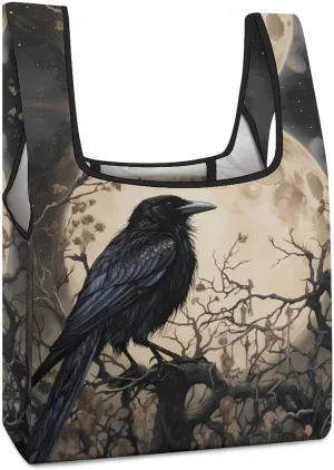 Black Crow And Moon Novelty Reusable Grocery Bag Fold-able Shopping Bags Washable Tote Lightweight Storage Pouch with Handle