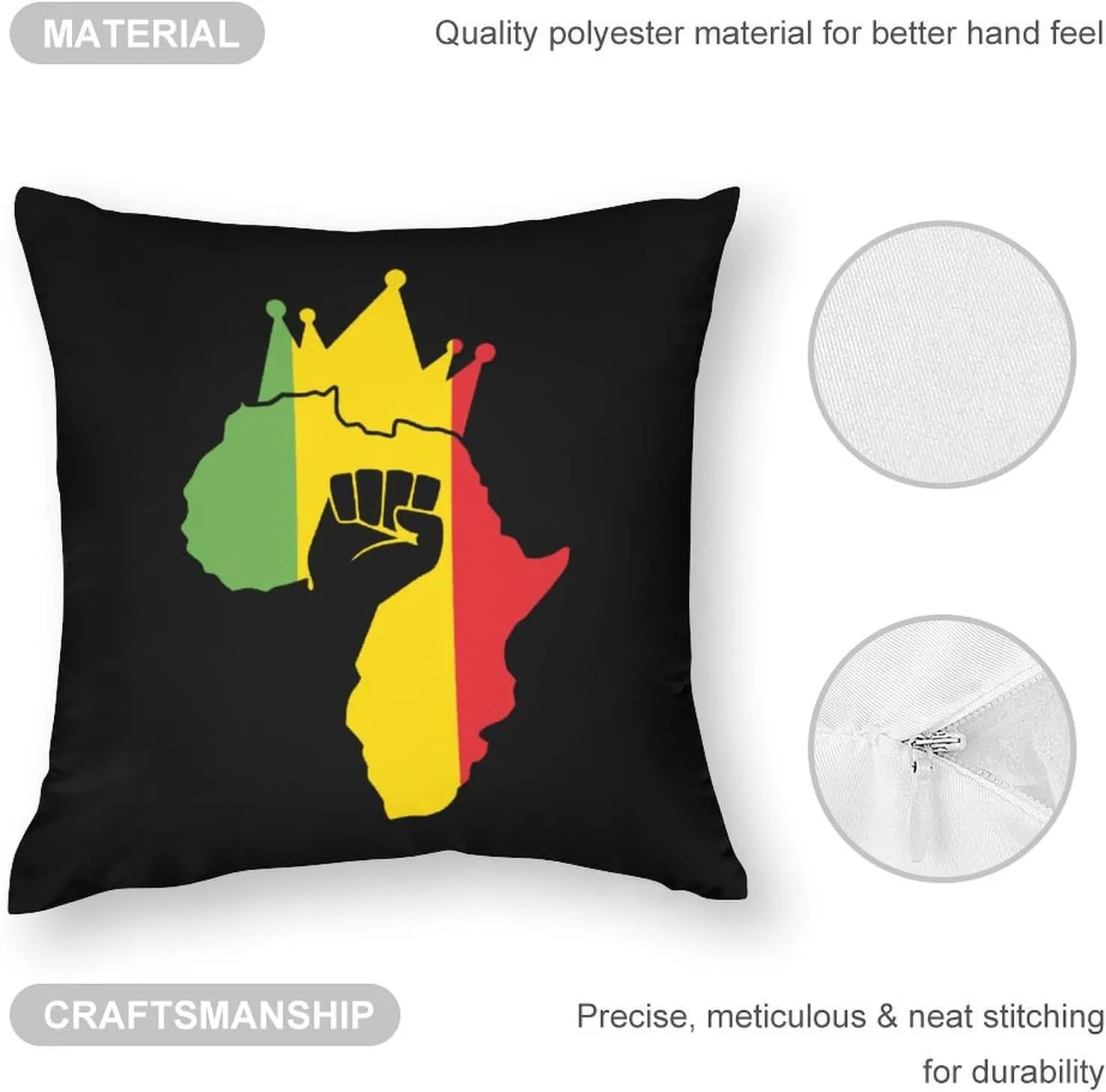 Black Power Fist on Africa Map Polyester Pillow Cases Soft Pillow Covers Smooth Cushion Covers for Sofa Bed 1 Piece 12"x12"
